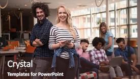  Presentation with front office - PPT layouts consisting of multiethnic startup business team on meeting in modern bright office interior brainstorming working on laptop and tablet computer two in front of the other background and a tawny brown colored foreground