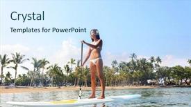  Presentation with hawaii - PPT layouts consisting of multiethnic woman surfing on stand background and a cool aqua colored foreground