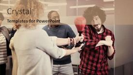  Presentation with fun work - Presentation design featuring multiethnics startup business team of software developers having fun while boxing at office excited diverse employees laughing enjoying funny activity at work break background and a coral colored foreground