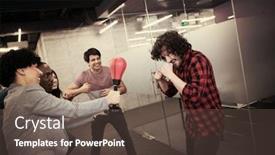  Presentation with fun work - Slide deck having multiethnics startup business team of software developers having fun while boxing at office excited diverse employees laughing enjoying funny activity at work break background and a tawny brown colored foreground