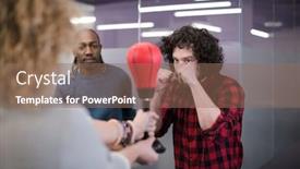  Presentation with fun work - Slides featuring multiethnics startup business team of software developers having fun while boxing at office excited diverse employees laughing enjoying funny activity at work break background and a coral colored foreground