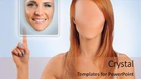  Presentation with faceless - Presentation featuring multifaceted - faceless woman choosing happy face background and a coral colored foreground