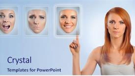  Presentation with woman sad - Audience pleasing PPT theme consisting of multifaceted - sad woman choosing happy face backdrop and a sky blue colored foreground
