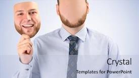 Presentation with mask - PPT layouts enhanced with multifaceted - young man holding happy mask background and a light blue colored foreground