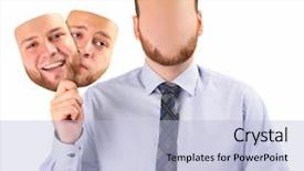  Presentation with happy sad mask - Colorful presentation theme enhanced with multifaceted - young man holding happy backdrop and a light blue colored foreground