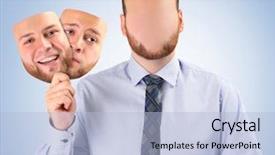  Presentation with happy sad mask - PPT layouts featuring multifaceted - young man holding happy background and a light blue colored foreground