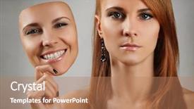  Presentation with mask - Presentation theme featuring multifaceted - young woman holding happy mask background and a coral colored foreground