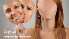  Presentation with mask - Slide deck featuring multifaceted - young woman holding happy mask background and a coral colored foreground