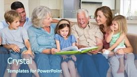  Presentation with living room family - Presentation theme featuring family reading storybook in living background and a ocean colored foreground