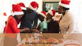  Presentation with living room family - PPT theme with multigeneration-family-wearing-santa-hat background and a coral colored foreground