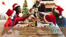  Presentation with living room family - Colorful presentation theme enhanced with multigeneration-family-wearing-santa-hats backdrop and a coral colored foreground