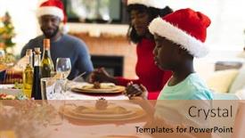  Presentation with family holding hands - Theme having multigeneration-family-wearing-santa-hats background and a coral colored foreground