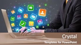  Presentation with flying - Slides with multimedia advertising - businessman hand typing on laptop background and a  colored foreground