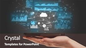  Presentation with application - Beautiful PPT theme featuring multimedia advertising - businessman using phone with flying backdrop and a tawny brown colored foreground