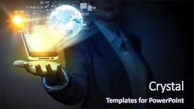  Presentation with wireless - Beautiful slide set featuring multimedia telecommunications - application icons in human hand backdrop and a wine colored foreground