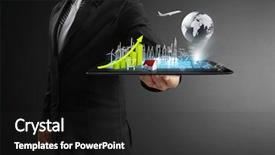  Presentation with multimedia - Colorful slide deck enhanced with multimedia telecommunications - touch tablet in hand concept backdrop and a dark gray colored foreground