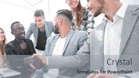  Presentation with office - Slide set enhanced with multinational-colleagues-at-the-office background and a  colored foreground