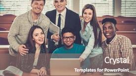  Presentation with lecture hall - PPT theme with multinational group of cheerful students background and a  colored foreground