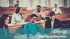  Presentation with lecture hall - Beautiful presentation featuring multinational group of cheerful students backdrop and a  colored foreground