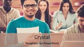  Presentation with lecture hall - Slide deck featuring multinational group of cheerful students background and a coral colored foreground