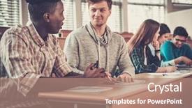  Presentation with lecture hall - Slide deck with multinational group of cheerful students background and a coral colored foreground