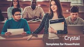  Presentation with lecture hall - Slide deck with multinational group of cheerful students background and a  colored foreground