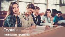  Presentation with lecture hall - Amazing slide set having multinational group of cheerful students backdrop and a coral colored foreground