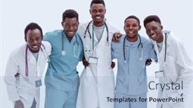  Presentation with interns - Audience pleasing slide set consisting of multinational-group-of-doctors backdrop and a light blue colored foreground