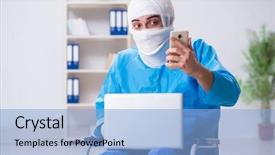  Presentation with medical splint broken bone hand - Colorful presentation design enhanced with multiple broken bones and fracture backdrop and a light blue colored foreground