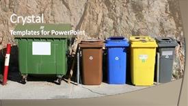  Presentation with plastic recycling - Colorful presentation design enhanced with multiple plastic recycling container bins backdrop and a coral colored foreground