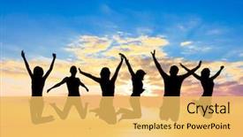  Presentation with celebration project - Colorful PPT layouts enhanced with multiple sport - friends silhouettes evening celebration backdrop and a  colored foreground