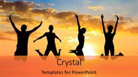  Presentation with sun rising over north america - PPT layouts consisting of multiple sport - friends silhouettes jumping over sunset background and a  colored foreground