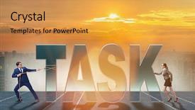  Presentation with task - Audience pleasing presentation theme consisting of multiple strategies - businesswoman and businessman in task backdrop and a  colored foreground