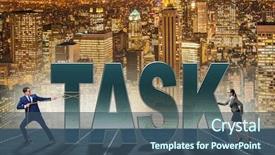 Presentation with task - Amazing theme having multiple strategies - businesswoman and businessman in task backdrop and a  colored foreground