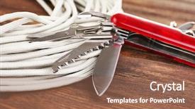  Presentation with army - Cool new slide set with multipurpose knife on wooden background backdrop and a coral colored foreground