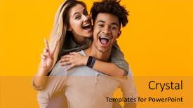  Presentation with happy image - Colorful presentation theme enhanced with multiracial - image of happy cute young backdrop and a gold colored foreground
