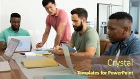  Presentation with business office desk - PPT theme with multiracial-businessman-describing-project background and a  colored foreground