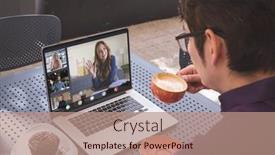  Presentation with video conference - PPT theme enhanced with multiracial-businessman-discussing-with-coworkers background and a coral colored foreground