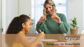  Presentation with food preparation - Theme having multiracial-cheerful-young-mother-breaking background and a coral colored foreground