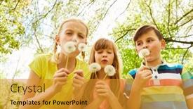  Presentation with summer time - PPT layouts enhanced with multiracial-children-blowing-dandelions-standing background and a gold colored foreground