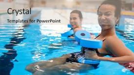  Presentation with swimming pool - Slide deck with multiracial couple attending water aerobics background and a soft green colored foreground