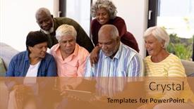  Presentation with using digital tablet - Slides consisting of multiracial-curious-seniors-looking background and a coral colored foreground
