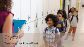  Presentation with elementary children - PPT theme consisting of multiracial-elementary-school-children-looking background and a coral colored foreground