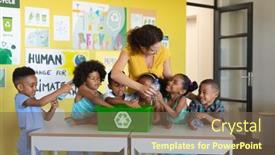  Presentation with environmental cleanup - Presentation theme featuring multiracial-elementary-students-and-young background and a violet colored foreground