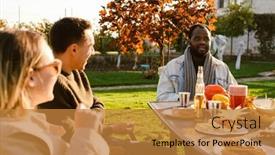  Presentation with friends - Slides featuring multiracial-friends-laughing-and-talking background and a gold colored foreground
