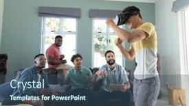  Presentation with virtual technology - Presentation design consisting of multiracial-friends-looking-at-man background and a ocean colored foreground