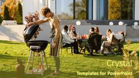  Presentation with friends - Slide set featuring multiracial-friends-talking-and-laughing background and a tawny brown colored foreground