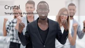  Presentation with victory - Theme enhanced with multiracial group of businessmen rejoices background and a soft green colored foreground