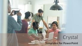  Presentation with broadcasting media - Presentation theme having multiracial-male-colleagues-interviewing background and a coral colored foreground