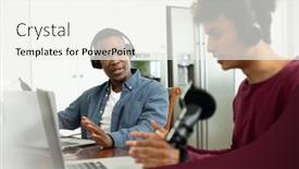  Presentation with coworkers - Presentation theme consisting of multiracial-male-coworkers-with-headphones background and a sky blue colored foreground